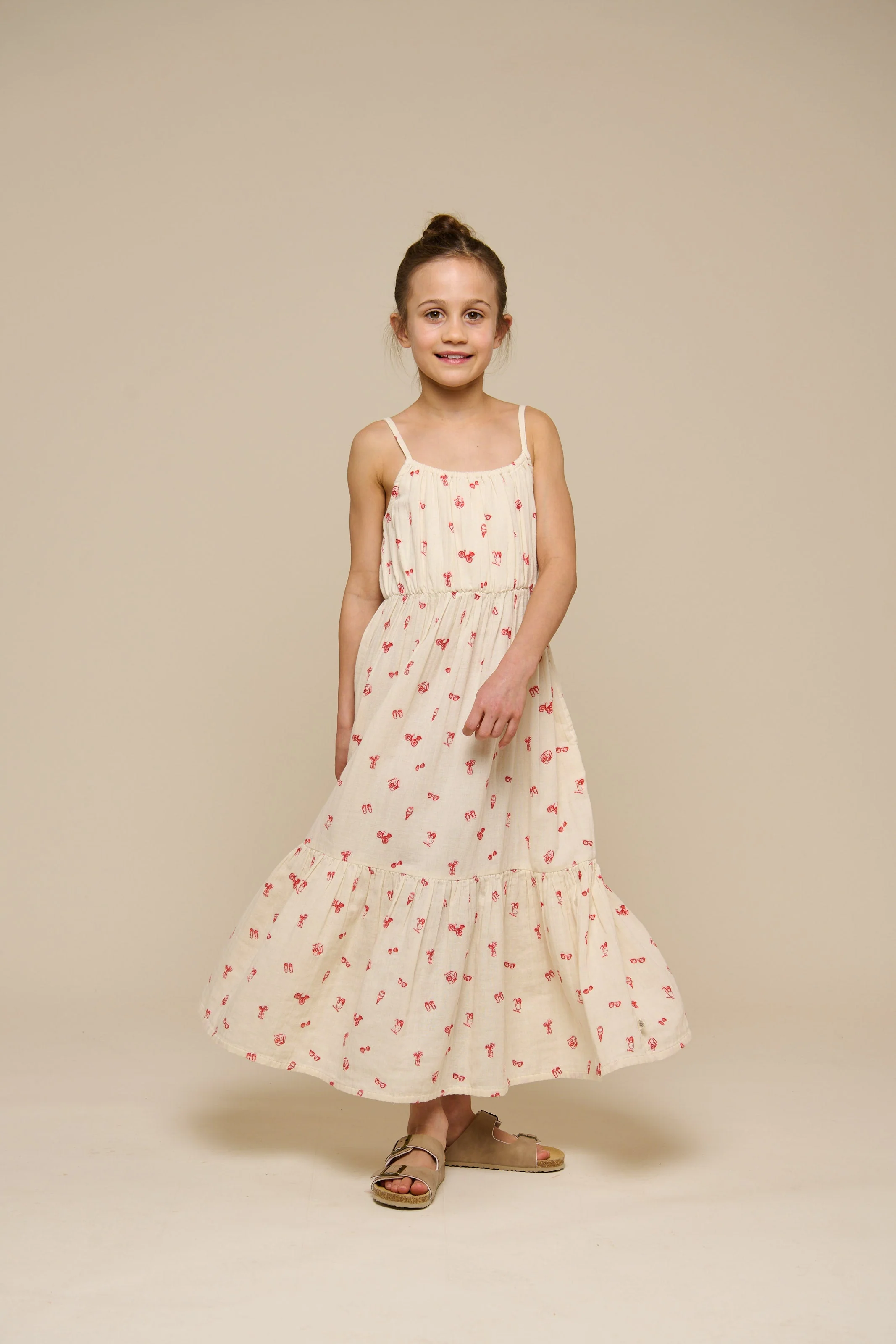 Bedrukte gaas midi bandjesjurk - Tween - Offwhite/Cherry Red | 100974 Fiona