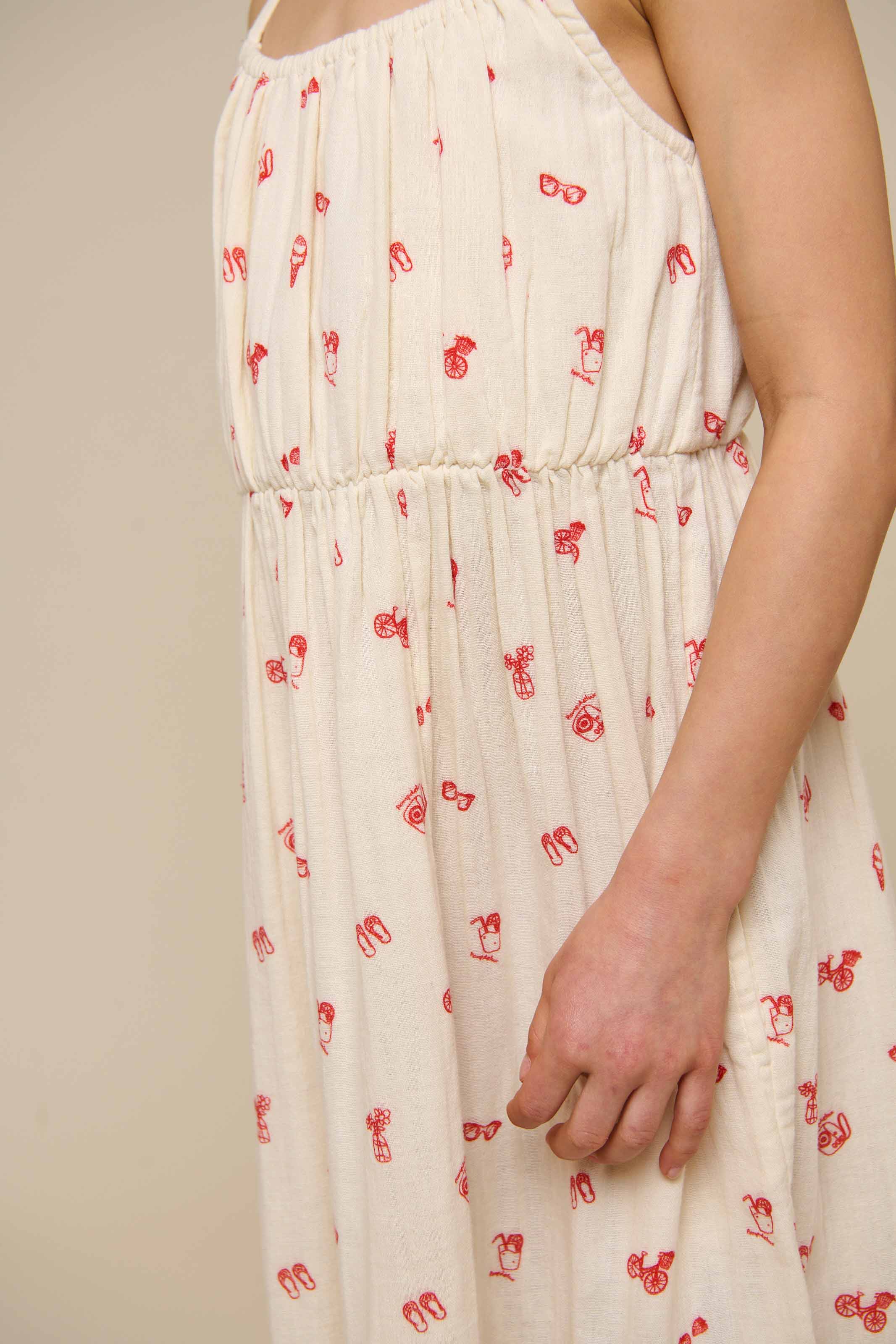 Bedrukte gaas midi bandjesjurk - Tween - Offwhite/Cherry Red | 100974 Fiona - Image 5