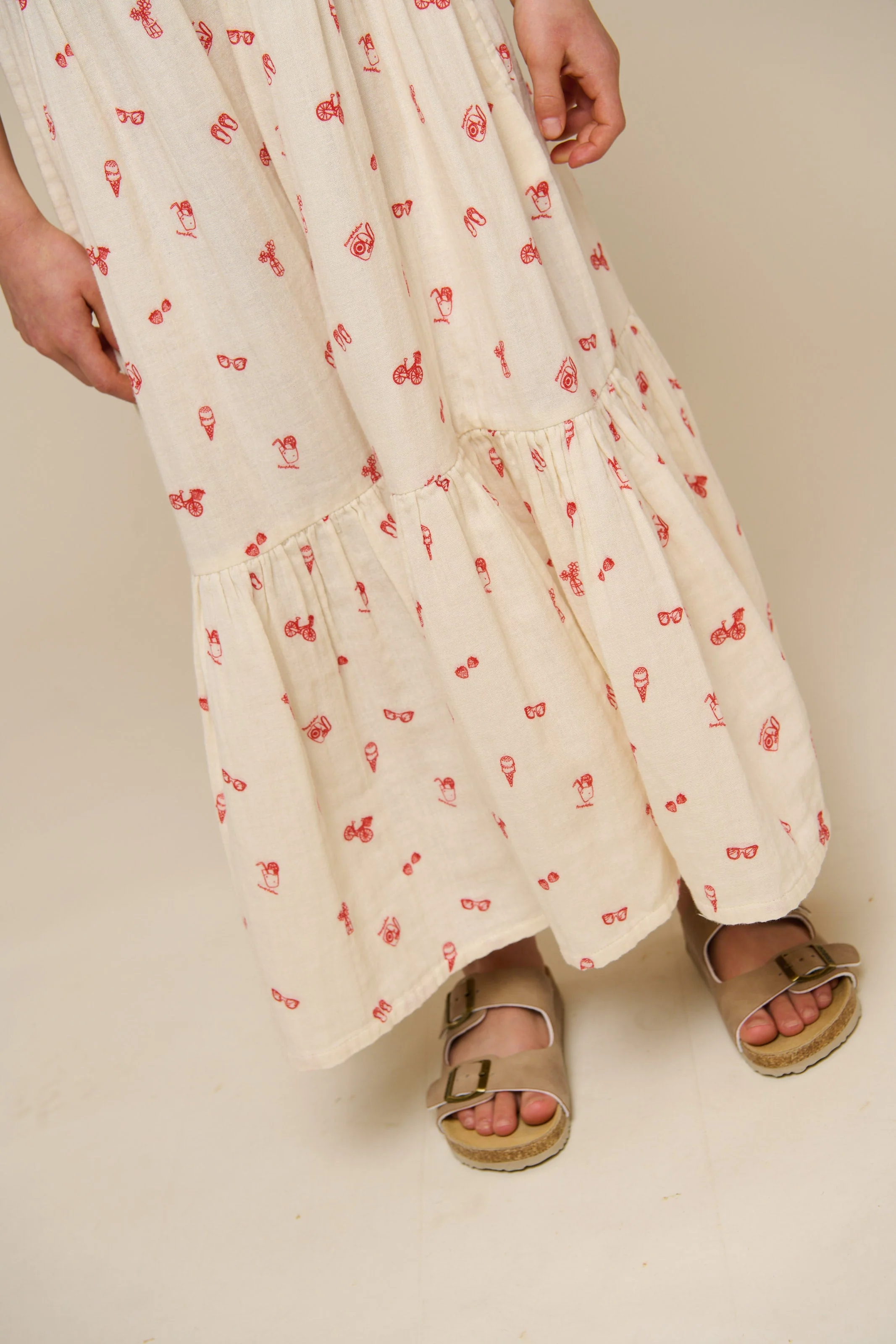 Bedrukte gaas midi bandjesjurk - Tween - Offwhite/Cherry Red | 100974 Fiona - Image 6