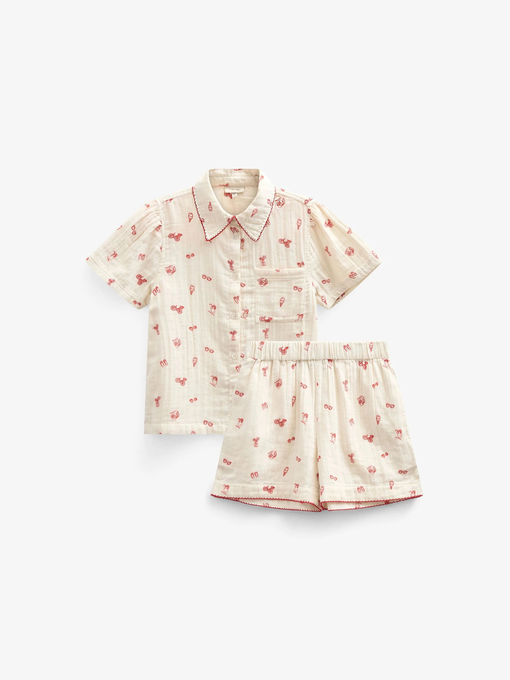 Bedrukte gaze shirt en korte broek set - Tween - Offwhite/Cherry Red | 100973 Fiona - Image 2