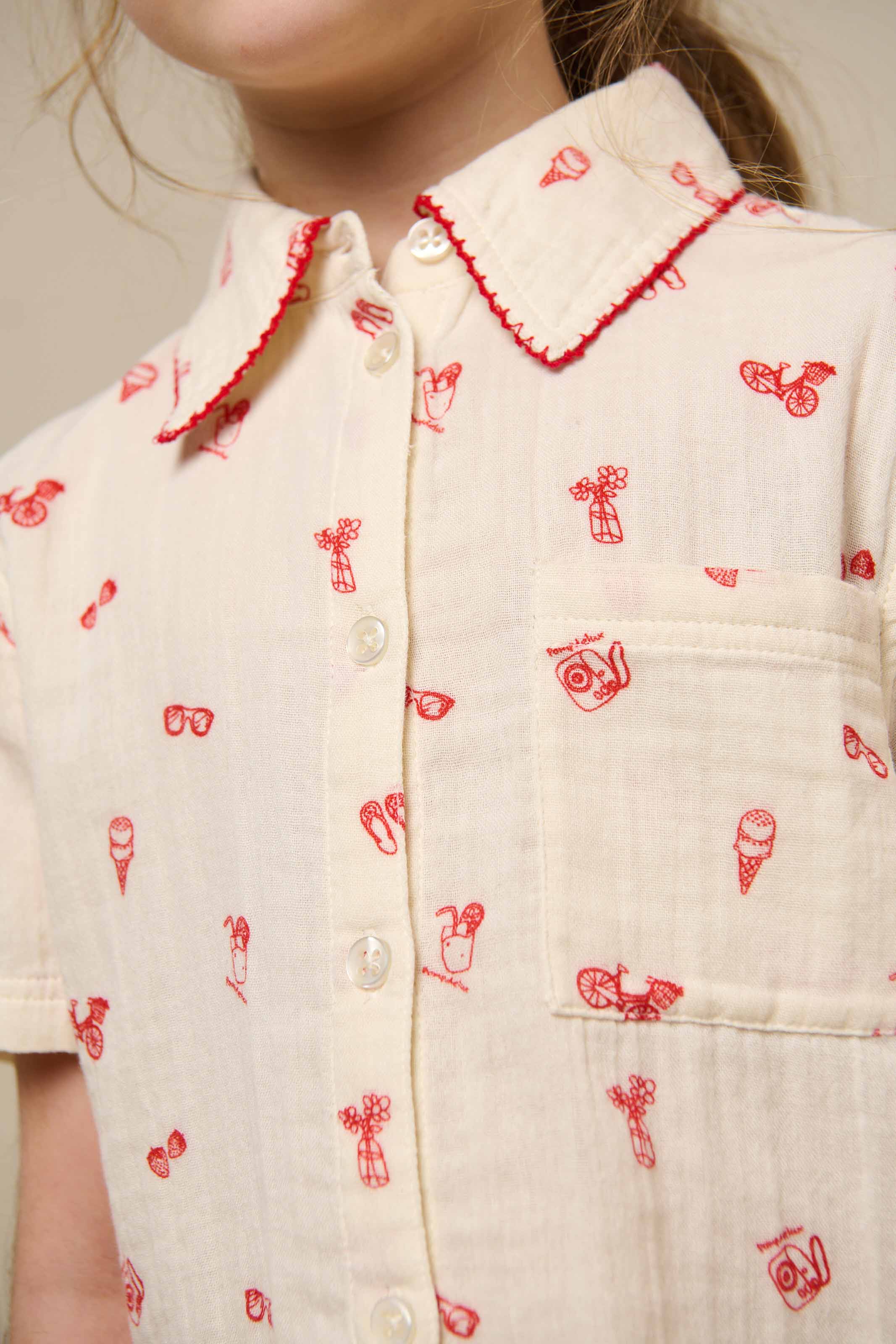 Bedrukte gaze shirt en korte broek set - Tween - Offwhite/Cherry Red | 100973 Fiona - Image 3