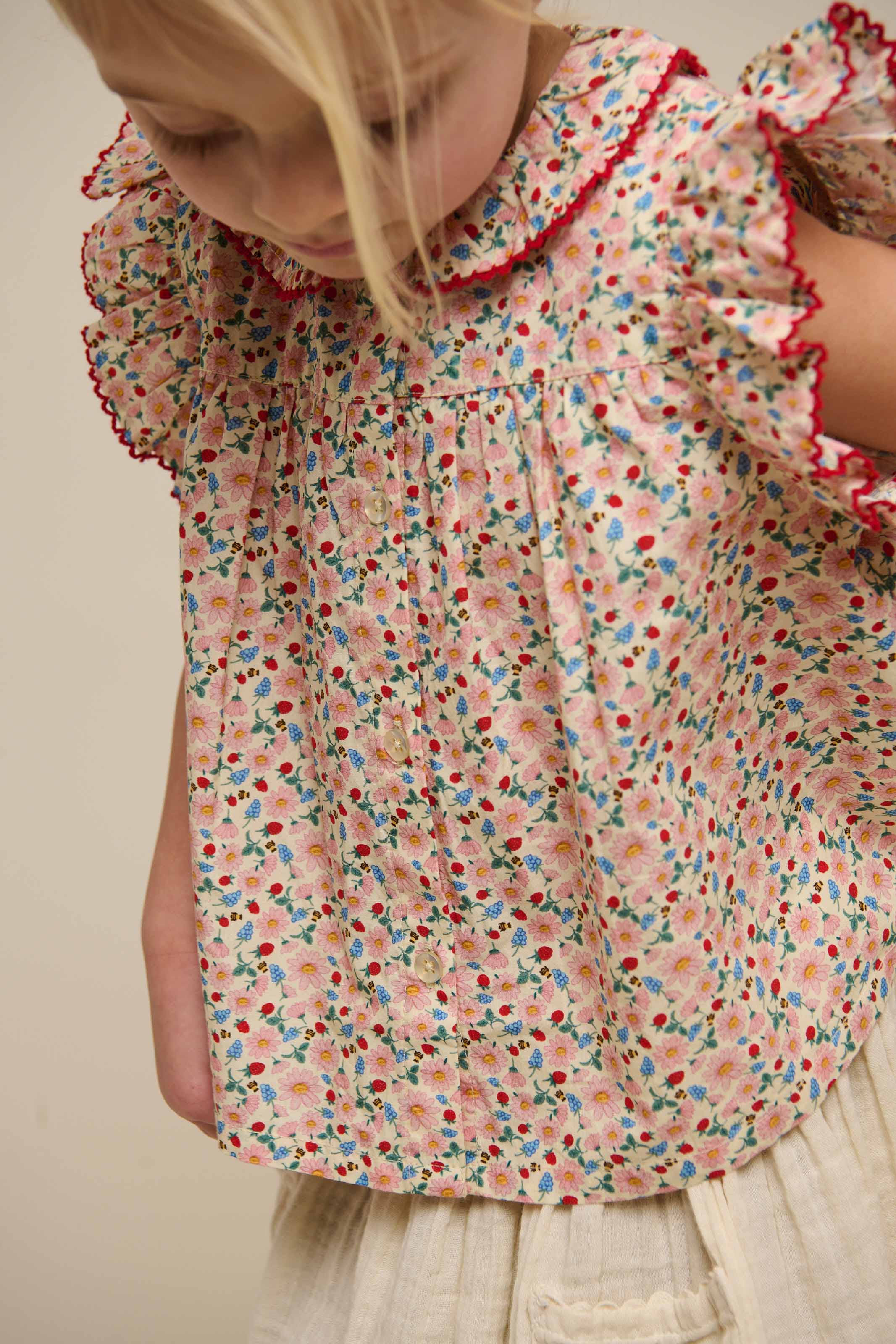 Poplin Top met Bloemenprint en Ruche - Kids - Rose | 100948 Poppy - Image 3